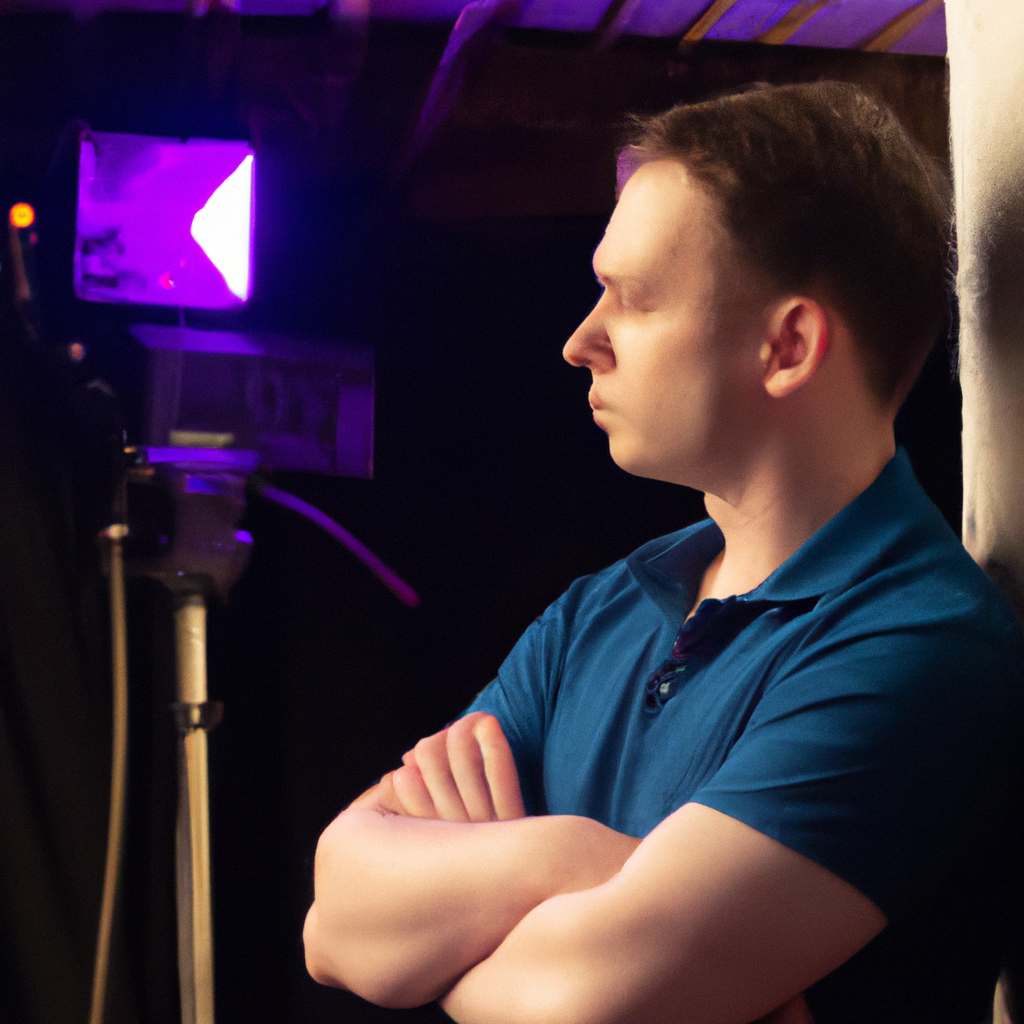 Portrait: Producer with warm practical lights in dim studio background